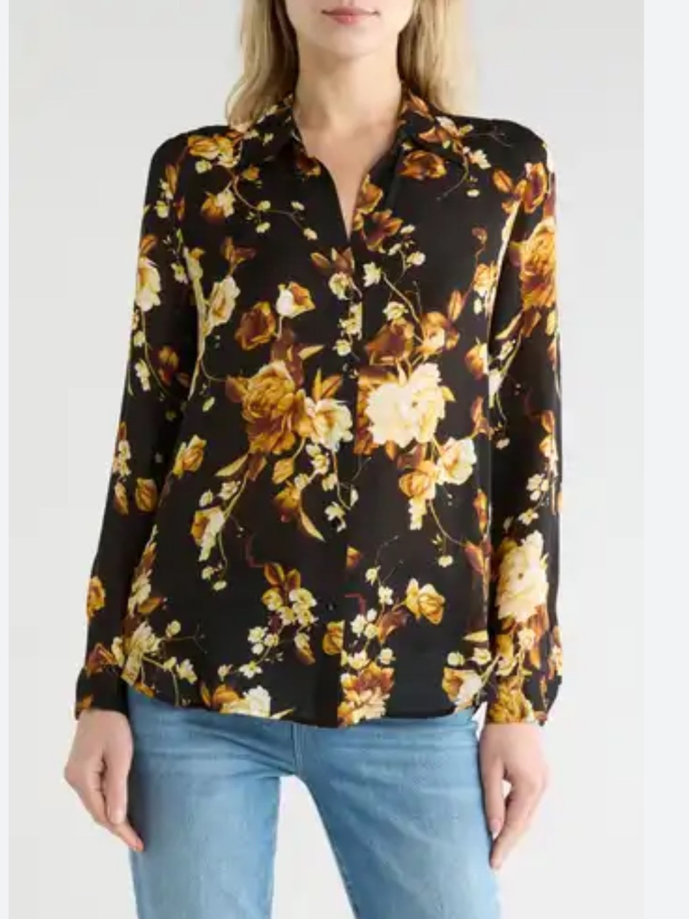 L'AGENCE Black Floral Button-Front Long Sleeve Blouse